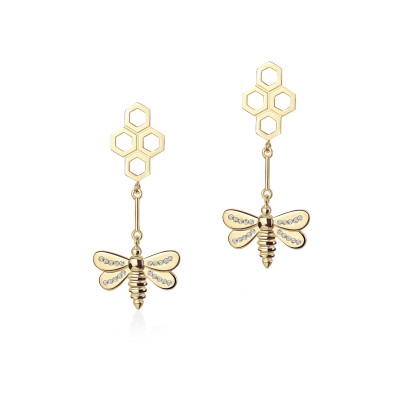 Honey Bee Drop Earrings, 14K Yellow Gold