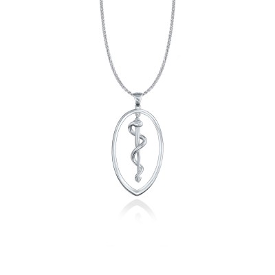 Rod of Asclepius Pendant, 14K White Gold